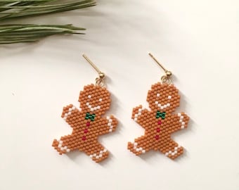Gingerbread Man Earrings | Beaded Christmas and Holiday Themed Dangle Earrings with Gold Stud, Huggie Hoop, or Hook