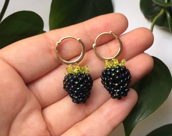 Beaded Blackberry Earrings with Gold or Silver Huggie | 3D Handmade Glass Beads Fruit Earrings