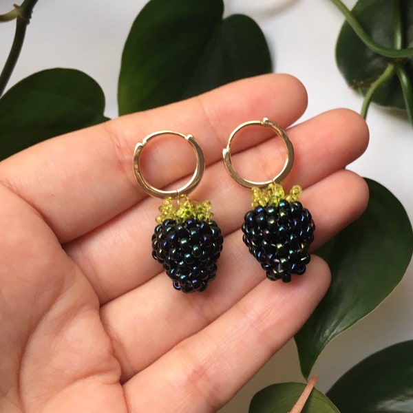 Beaded Blackberry Earrings with Gold or Silver Huggie | 3D Handmade Glass Beads Fruit Earrings