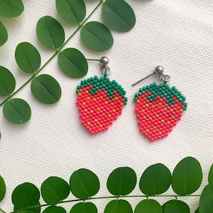 Strawberry Dangle Earrings with Stud, Huggie Hoop, or Hook | Hand Beaded Fruit Earrings | Cottagecore and Whimsical Handmade Jewelry