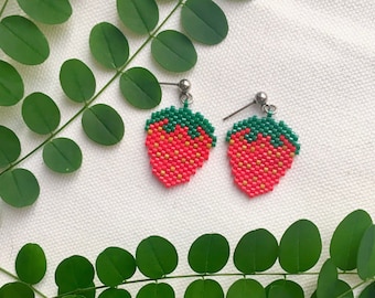 Strawberry Dangle Earrings with Stud, Huggie Hoop, or Hook | Hand Beaded Fruit Earrings | Cottagecore and Whimsical Handmade Jewelry