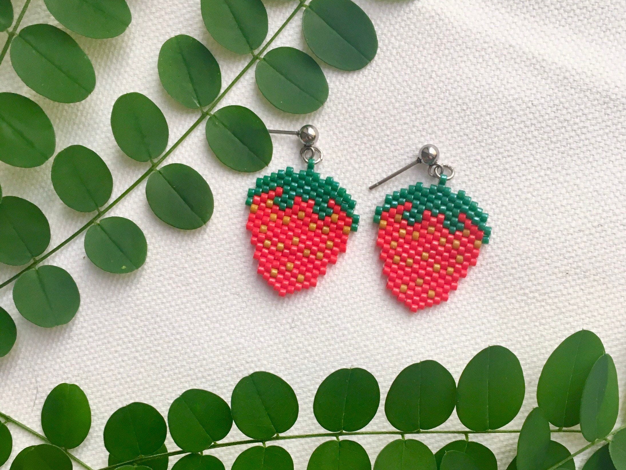 Strawberry Earrings Dangle Strawberry Gift Hand Beaded Fruit
