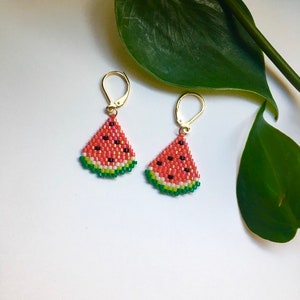 Beaded Watermelon Earrings | Handmade Fruit Earrings with Gold Leverback | Funky Jewelry | Holiday Gift Trendy Earrings