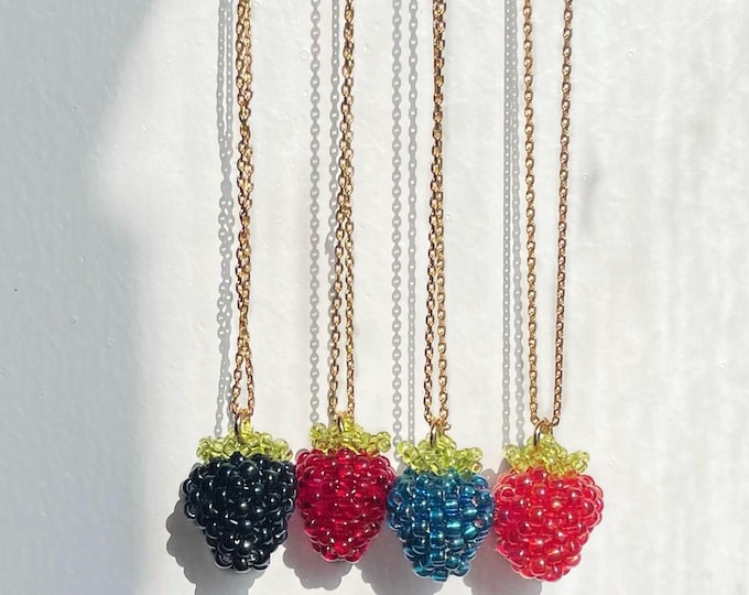 Beaded Berry Necklace | 3D Blackberry, Raspberry, Strawberry Handmade Glass Beadwoven Charm on a Thin Gold Filled Necklace Chain