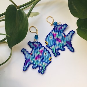 Hand Beaded Rainbow Fish Inspired Large Earrings with Gold Leverback | Unique Funky Statement Earrings | Teacher Gift Jewelry