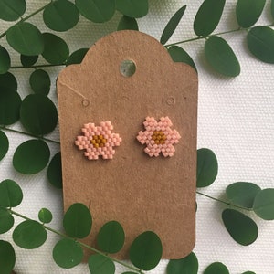 Stud Earrings Beaded Flower in Pink and Gold | Handmade Beaded Cottagecore Floral Earrings | Queer Owned