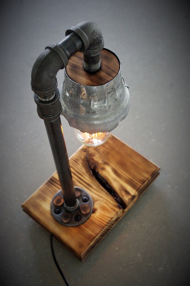 desk lamp Industrial lamp metal table lamp Steampunk lamp wood lamp burned wood hand made lamp Edison reclaimed