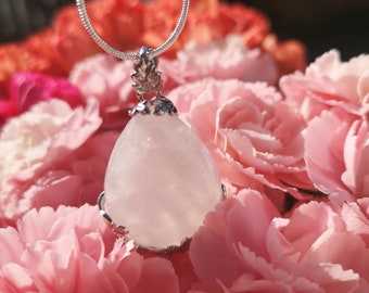 Love energy Rose Quartz crystal silver necklace