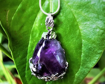 Purifying energy Amethyst  crystal silver necklace