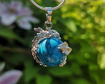 Truth Energy Turquoise Crystal Silver Dragon Ball Necklace