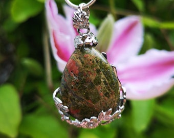 Self Love Energy Unakite Gemstone Teardrop Silver Necklace