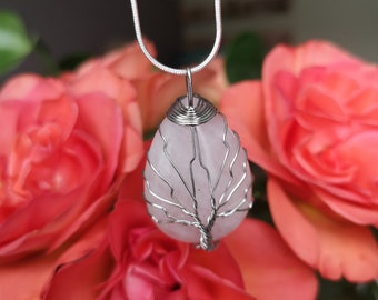 Love energy Rose Quartz silver tree crystal silver necklace