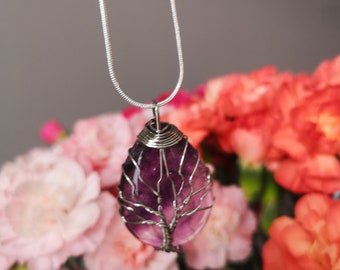 Purifying energy Amethyst silver tree crystal silver necklace