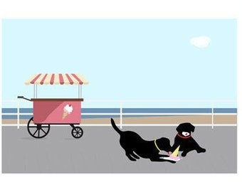 Black Lab 5x7 Art Print  "Ice cream cone"  Labrador Retriever, Dog Lover Gift, dogs eating ice cream