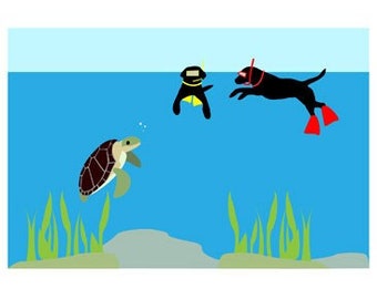 Black Lab 5x7 Art Print  "Sea turtle"  Labrador Retriever, Dog Lover Gift, dogs snorkeling