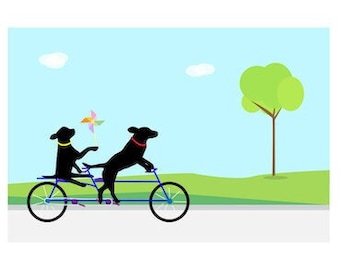 Black Lab 5x7 Art Print  "Tandem"  Labrador Retriever, Dog Lover Gift, dogs on a bike