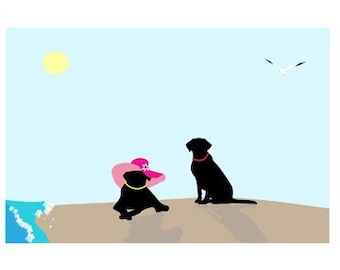 Black Lab 5x7 Art Print  "Beach Hat"  Labrador Retriever, Dog Lover Gift, dogs on beach
