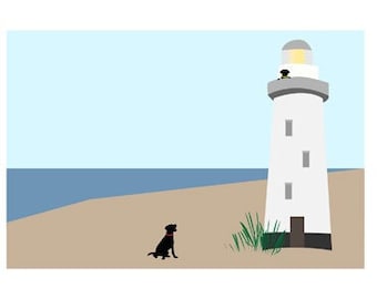 Black Lab 5x7 Art Print  "Lighthouse"  Labrador Retriever, Dog Lover Gift, Cape May, NJ