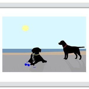 May include: Two black labrador silhouettes on a beach with a blue sky and a yellow sun. One dog is wearing sunglasses and has dropped them on the sand. The other dog is standing and looking at the dog on the ground.