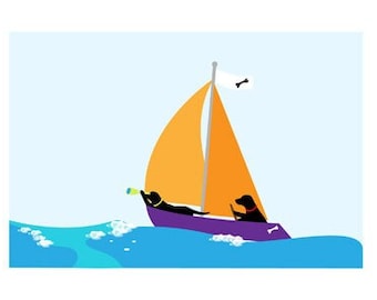 Black Lab 5x7 Art Print  "Sailboat"  Labrador Retriever, Dog Lover Gift, dogs sailing, nautical dogs