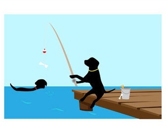 Black Lab 5x7 Art Print  "Fishing Pole"  Labrador Retriever, Dog Lover Gift, dogs fishing