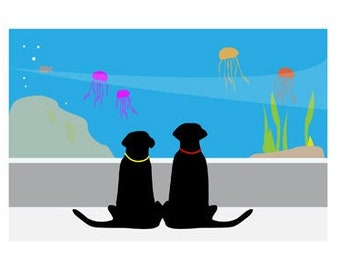 Black Lab 5x7 Art Print  "Jellyfish"  Labrador Retriever, Dog Lover Gift, dogs at aquarium