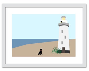Black Lab 5x7 Art Print  "Lighthouse"  Labrador Retriever, Dog Lover Gift, Cape May, NJ