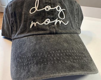 Dog Mom Baseball Cap • Distressed Gray with White Embroidery • Adjustable
