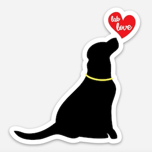 May include: Black silhouette of a Labrador Retriever dog looking up at a red heart with the text "lab love" inside.