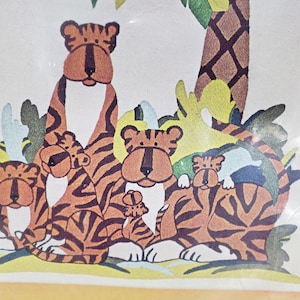 Vintage Vogart Crafts Crewel Tiger Family Kit de bordado e costura - Fabricado nos EUA em 1977