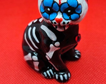 Sugar skull porcelain kitty, day of the dead ceramic cat, feline skeleton, one of a kind kitten