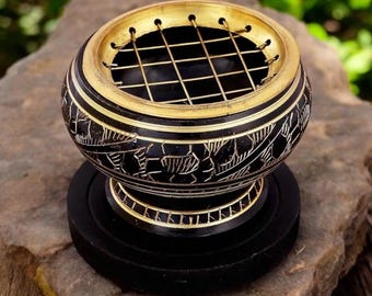 Round Brass Black Resin Burner, Charcoal Discs & Resin Chips / Charcoal Resin n' Incense Burner / Meditation Spirituality Resin Burner