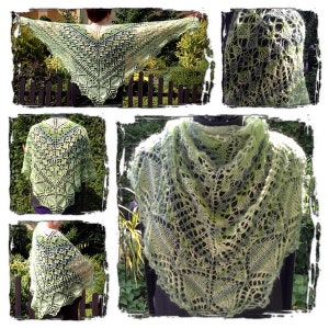 May include: A green and white crocheted shawl with a lacy pattern. The shawl is draped over a mannequin and a person's shoulders in different photos.