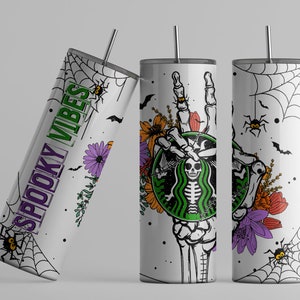 Halloween Spooky Vibes Vaso flaco de 20 oz, Copa de acero inoxidable con esqueleto de otoño, Linda copa de otoño floral, Taza de café de sublimación de arañas y murciélagos