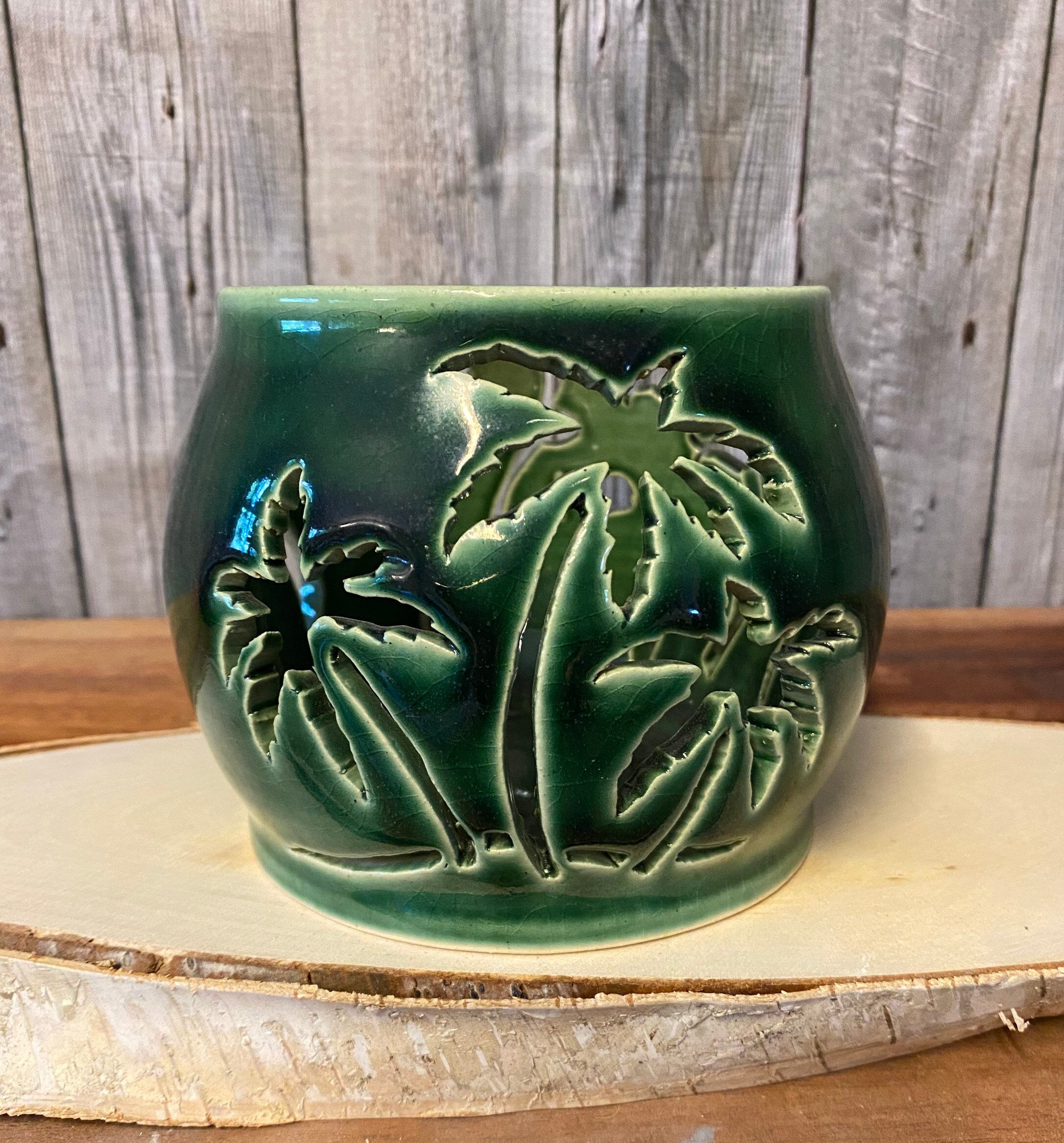 Palm Tree Candle Pot Holder Bay Pottery Virginia Handcrafted