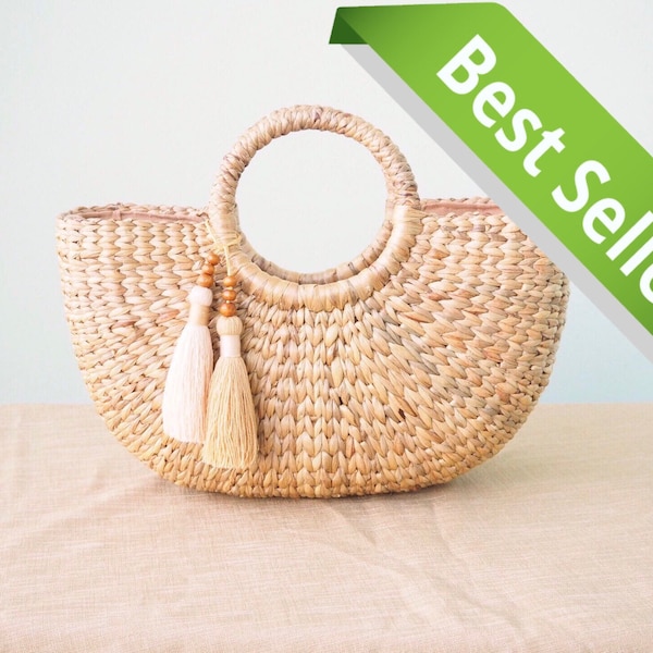 Free tassels • Beach bag • Straw bag • Weaving seagrass top handle bag • handmade bag • boho bag • straw purse • cream handwoven lining