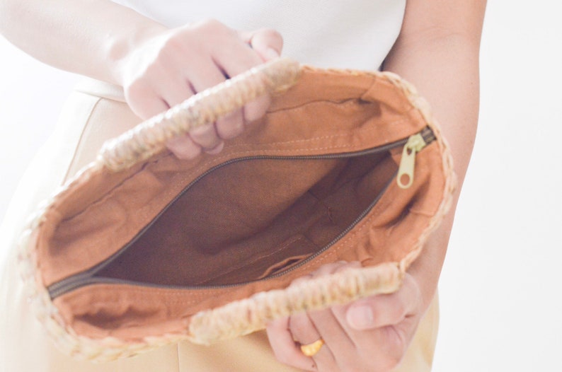 Small Straw bag cream lining Weaving seagrass top handle bag handmade bag boho bag straw purse image 8