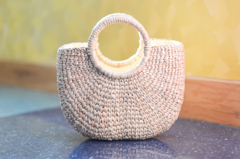 Small Straw bag cream lining Weaving seagrass top handle bag handmade bag boho bag straw purse image 7