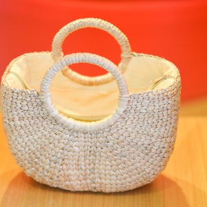 Small Straw bag cream lining Weaving seagrass top handle bag handmade bag boho bag straw purse image 5