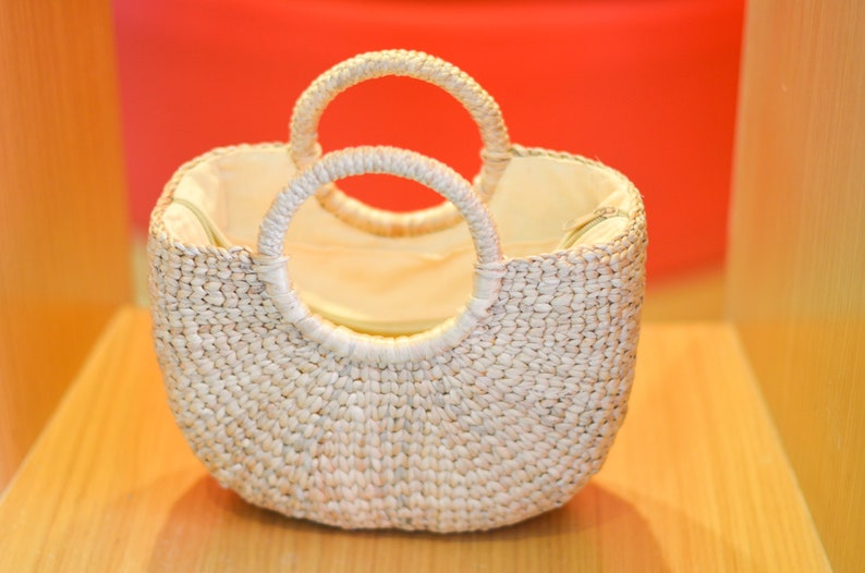 Small Straw bag cream lining Weaving seagrass top handle bag handmade bag boho bag straw purse image 5