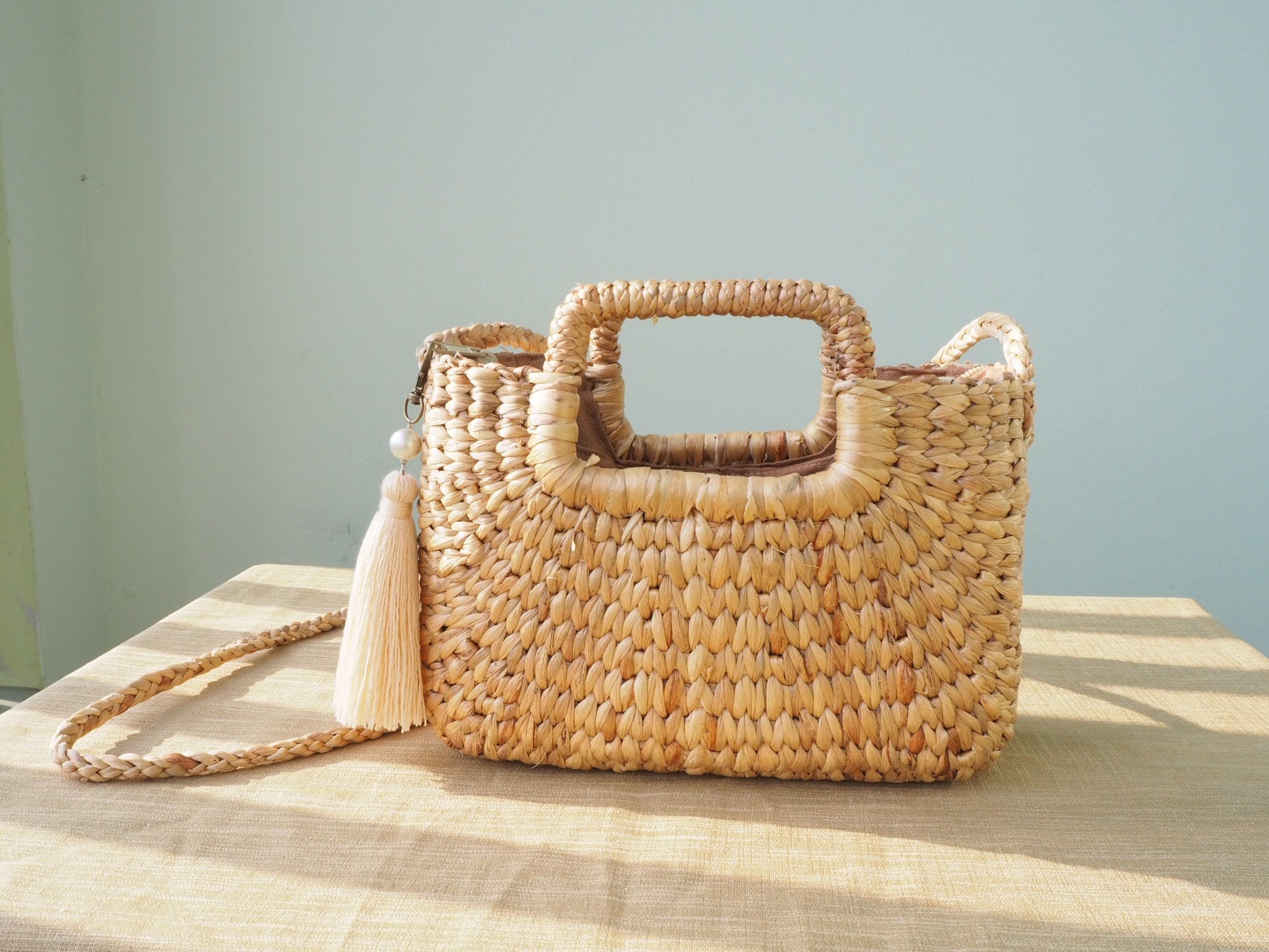 Small Straw bag dark cream lining crossbody bag and top Etsy