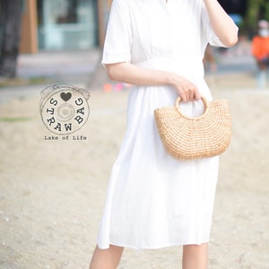 Small Straw bag cream lining Weaving seagrass top handle bag handmade bag boho bag straw purse image 3