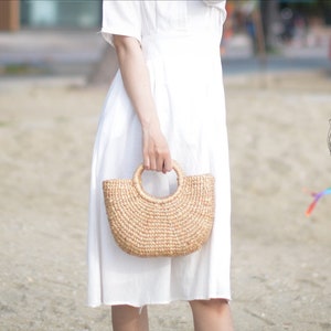 Small Straw bag cream lining Weaving seagrass top handle bag handmade bag boho bag straw purse image 4