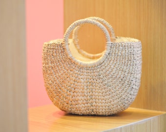 Small Straw bag • cream lining • Weaving seagrass top handle bag • handmade bag • boho bag • straw purse