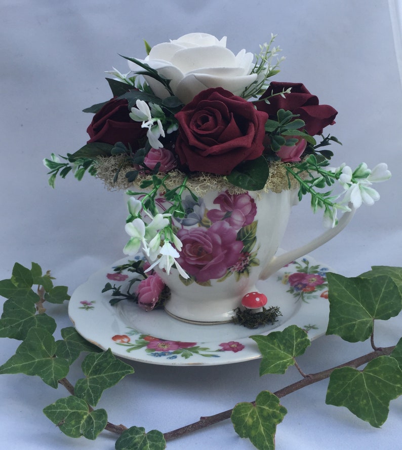 Tea Cup Flower Arrangement. Burgundy Floral Centerpiece. Etsy