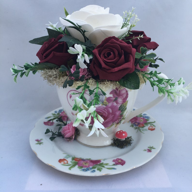 Tea Cup Flower Arrangement. Oversize Tea Cup with Burgundy Etsy
