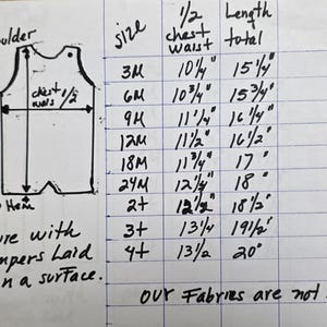 May include: Handwritten size chart for baby rompers, with measurements in inches. Includes chest/waist and total length from shoulder to hem. The chart specifies sizes from 3 months to 4+, with a note that the fabrics are not stretchy.