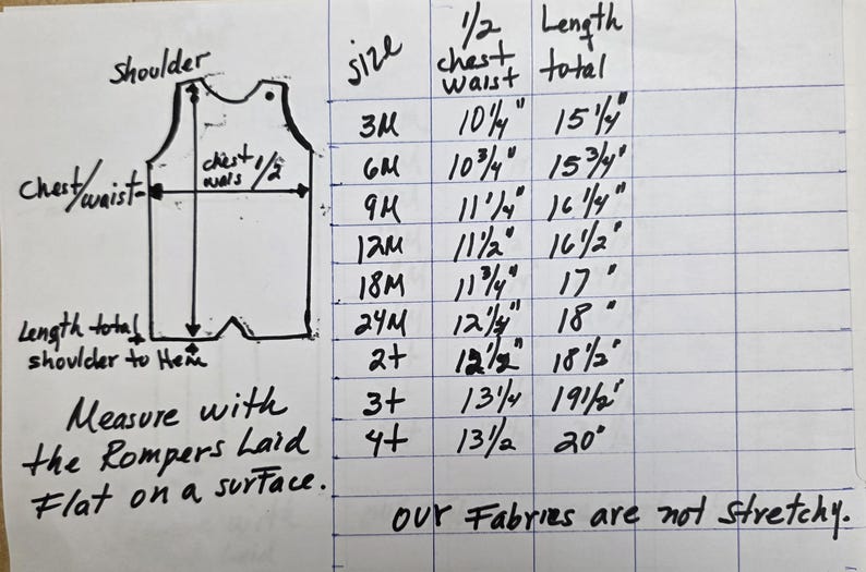 May include: Handwritten size chart for baby rompers, with measurements in inches. Includes chest/waist and total length from shoulder to hem. The chart specifies sizes from 3 months to 4+, with a note that the fabrics are not stretchy.