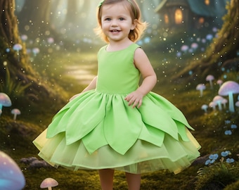 Toddler Tinkerbell Dress, Green Pixie Fairy Costume, Baby Cotton Birthday Outfit