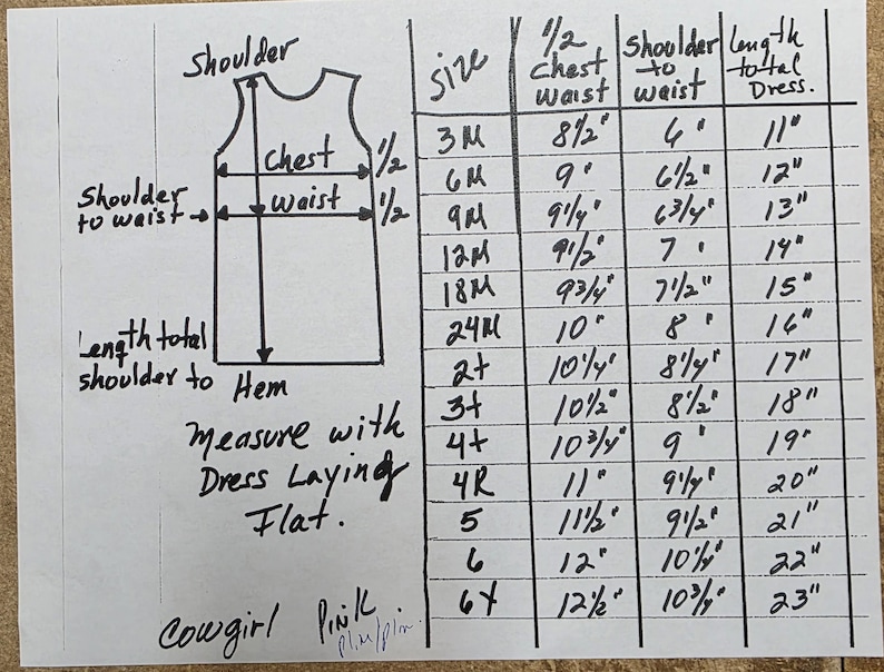 May include: Handwritten size chart for a dress, with measurements in inches. The chart includes sizes from 3M to 6T, detailing chest, waist, shoulder, and total dress length. The text "Cowgirl Pink" is written at the bottom.
